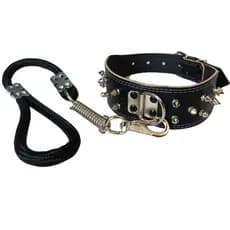 Coleira Couro Legítimo Com Spikes para Cachorro e Guia Corda Reforçada com Mola e Mosquetão