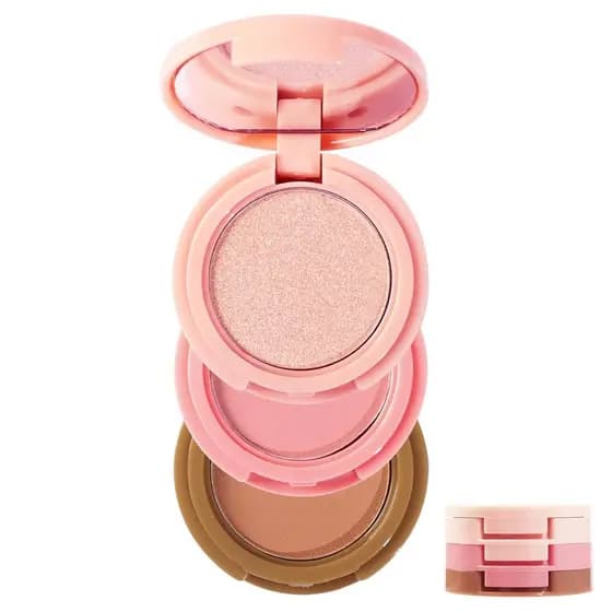 Paleta de Maquiagem 3 em 1: Blush, Contorno e Iluminador, Bronzer em Creme, Blush em Pó Sedoso, Iluminador em Pó Cintila