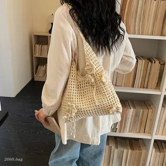 Bolsa de ombro oca flor tecida à mão feminina de grande capacidade estilo férias sacola All-Match 2026 novo estilo