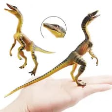 Brinquedo de dinossauro simulado "Compsournot", modelo jurássico com hélice, usado para educação científica infantil.