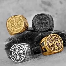 Anel São Bento Masculino Aço 316L Inoxidável Dourado Prata