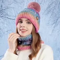 Inverno Feminino Cor Gradiente Chapéu De Malha Cachecol Conjunto Engrossado Forro De Lã Solidéu Ciclismo Ao Ar Livre Pro