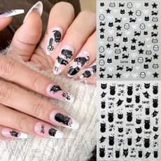 1/3 Folhas de Adesivos para Unhas com Padrão de Gato Preto - Autoadesivos, Impermeáveis - Decalques para Unhas em Forma