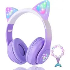 Fones de Ouvido Bluetooth para Crianças com Orelhas de Gato, Luz LED, Modo Sem Fio/Com Fio, Fones de Ouvido Over Ear com