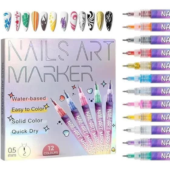 Conjunto de 12 Canetas para Nail Art, Novos Marcadores 3D para Unhas de Gel 2026, Canetas de Ponta Fina de 0,5MM para De
