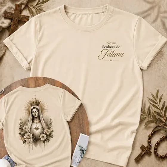 Camisa Nossa Senhora de Fátima Unissex Roupa Religiosa Casual 100% Algodão Premium Conforto e Qualidade Dia a Dia