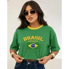 Cropped Brasil Feminino Copa do Mundo Oversized 100% Algodão Estampado moda blogueira