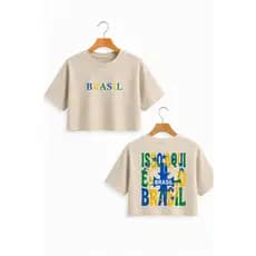 Cropped Oversized Brasil Feminino Camiseta Copa Do Mundo Estampa Premium Moda Jovem