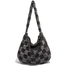 Bolsa Transversal de Pelúcia Xadrez para Mulheres, Bolsa de Ombro Estilo Hobo, Bolsa Macia e Fofa, Bolsa de Mão, Bolsa M