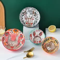 [Estoque pronto] Tigela de cerâmica colorida Underglaze criativa fofa de desenho animado infantil tigela de arroz talher