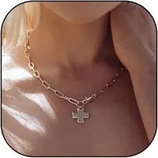 Colar Chunky Cross para Mulheres, Banhado a Ouro 14k, Pingente Geométrico de Metal com a Inscrição "Faith", Corrente Vin
