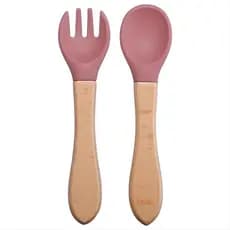Kit Talheres Infantil de Silicone Seguro Colher e Garfo para Bebês com Cabo de Madeira Rosa