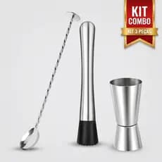 Kit Bartender 3 Peças Aço, Inox Colher, Macerador e Dosador para Drinks e Coquetéis em Casa ou Bar