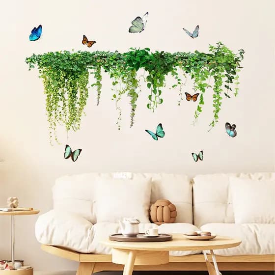 [Estoque pronto] TJ8005 Criativo Verde Planta Borboleta Adesivo de Parede Quarto Sala de Estar Decoração de Fundo de Cas