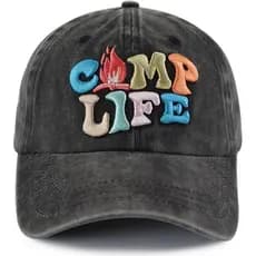 Boné Camp Life para Homens e Mulheres, Boné de Beisebol Engraçado Ajustável de Algodão com Bordado 3D para Camping e Cam