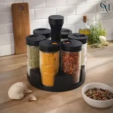 Porta Tempeiro Condimento 6 Potes Vidro Para Cozinha Com Tampa Giratório Moderno