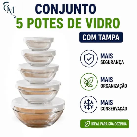 Kit 5 Potes De Vidro Com Tampa Vasilhas Organizadoras Cozinha