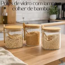Kit 3 Potes Hermeticos Vidro Tampa e Colher Bambu Moderno 440ml  550ml  610ml
