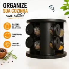 Porta Tempeiro Condimento Giratorio 6 Potes Vidro Cozinha Com Tampa Elegante