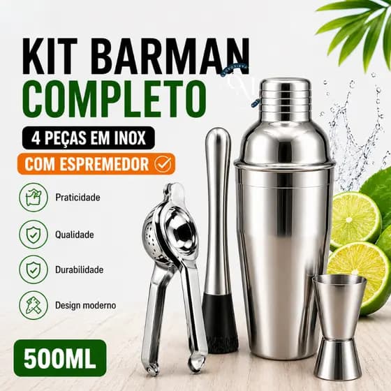 Kit Barman Coqueteleira 500ml 4 Peças Com Espremedor Inox Completo Para Drinks Caipirinha