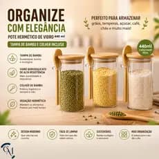 Pote Hermetico Vidro 440ml Moderno Com Tampa E Colher Bambu