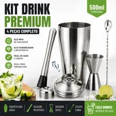 Kit Drink Premium 4 Peças Inox 500ml Completo Para Caipirinha e Drinks