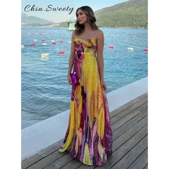 Vestido longo elegante estampado para festas femininas, sem alças, sem mangas, costas abertas, corte justo, com pregas,