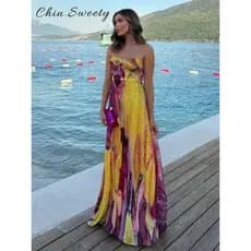 Vestido longo elegante estampado para festas femininas, sem alças, sem mangas, costas abertas, corte justo, com pregas,