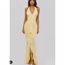 Suninheart Primavera-Verão Elegante Vestido Corset de Malha com Decote Halter Amarelo Sereia com Babados Vestido Longo d