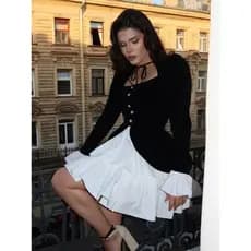 Saia Mini de Cor Sólida com Acabamento em Renda, Moda Feminina Casual, Saia Curta Branca em Camadas Estilo A-Line 2026,