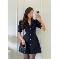 Vestido Curto Elegante de Tweed, Modelo A-line, Mini, com Mangas Bufantes, Vestido de Festa de Luxo, Preto, Azul Marinho