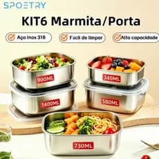 Kit 6 Marmitas de Aço Inoxidável Herméticas para Geladeira Tampa Vedada Anti-Vazamento