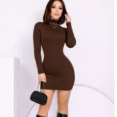 Vestido Manga Longa Curto tubinho Gola Alta Malha Canelado
