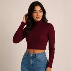 Blusa Cropped Manga longa Malha Canelada Gola Alta