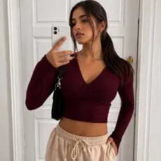 Kit 2 Blusa Feminina Cropped  Manga Longa Canelado transpassado
