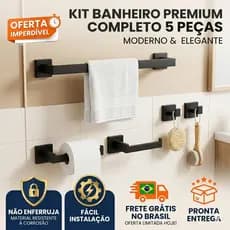 Kit 5 Peças Banheiro Lavabo Preto Fosco Suporte Toalheiro Papeleira Cabideiro Alumínio Antiferrugem Premium