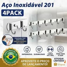 Kit 4 Gancho Cabideiro Parede Aço Inox Porta Toalha Casaco Bolsa Organizador Instalação Sem Furo Reforçado