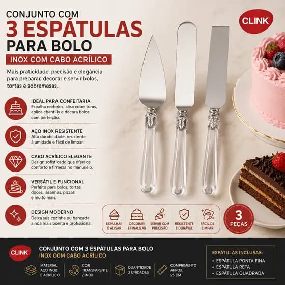 Kit 3 Espátulas para Bolo em Aço Inox