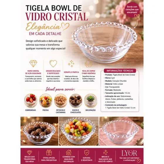 Tigela Bowl de Vidro Cristal Decorativo 13cm Coração Chumbo Lyor
