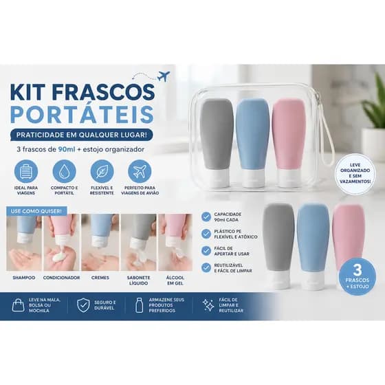 Kit/ Conjunto Portátil Viagem 3 Frascos Dispenser  90ml com Estojo