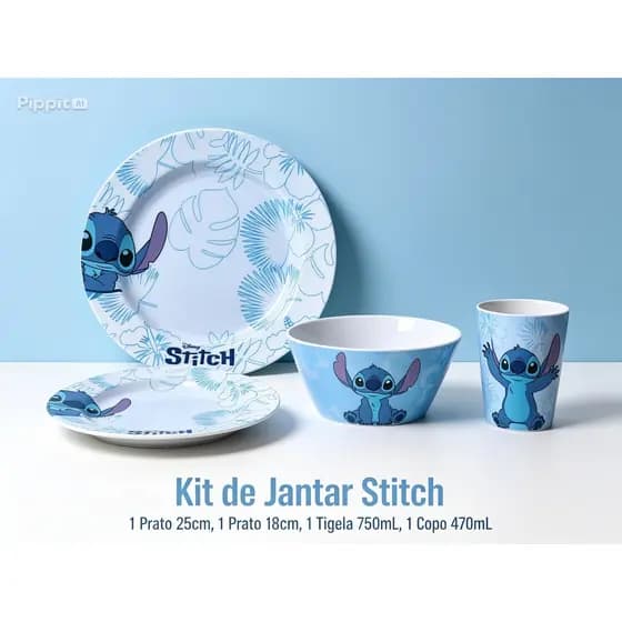 Kit Jantar Infantil Stitch 4 Peças em Melamina com Copo, Pratos e Tigela