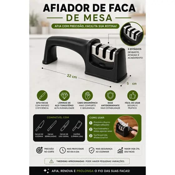 Afiador / amolador de facas de mesa 22cm em metal