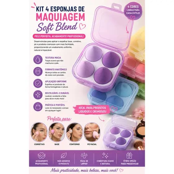 Kit com 4 Esponjas de Maquiagem para Base e Corretivo com Caixinha Organizadora 4cmX4cmX6cm