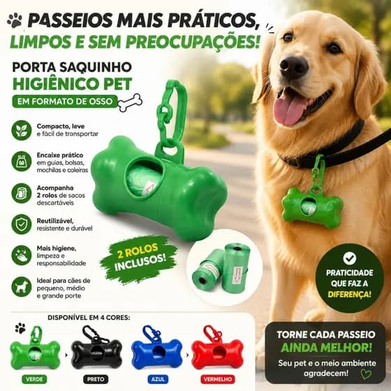 Porta Saquinho Cata Caca com Refil  para Cachorro com 2 Rolos de Sacos Descartáveis