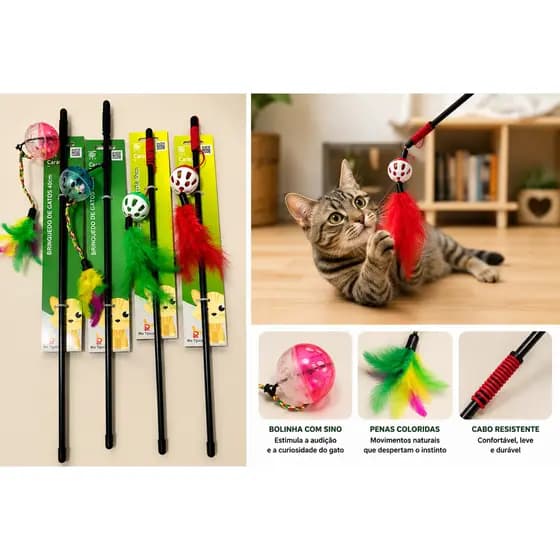 Brinquedo Interativo para Gatos Varinha Divertida com Pena Elástico e Bolinha