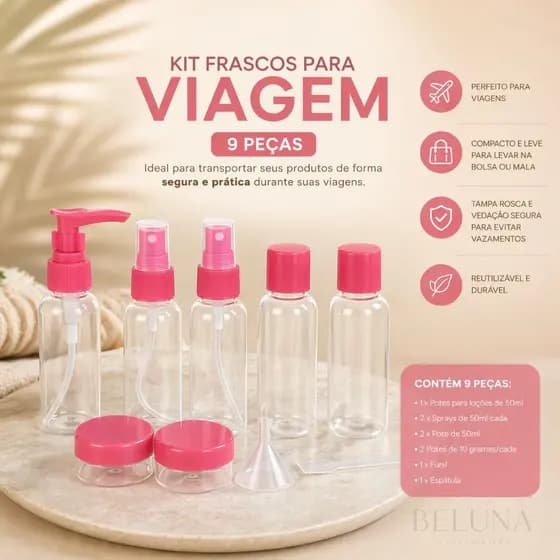 Kit Frascos Viagem 9 Peças 50ml Portátil Spray Potes Shampoo Perfume Avião Bolsa