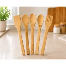 Kit Utensílios de Cozinha Bambu 5 Peças Colher Espátula Antiaderente Resistente ao Calor