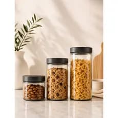 Kit 3 Potes de Vidro com Tampa Preta de Ferro Nobre 740ml 1200ml 1600ml Organizador Mantimentos Cozinha