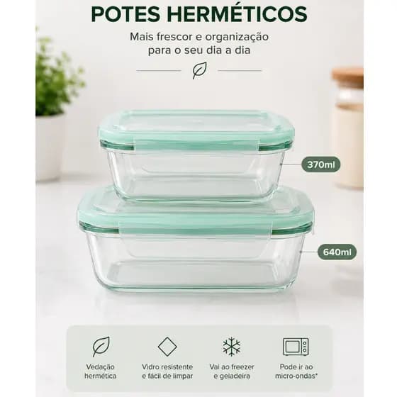 Pote Hermético Vidro com Trava Herméticos Porta Alimentos 370ml ou 640ml