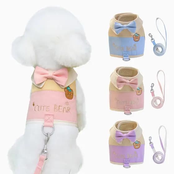 Coleira Para Cachorro De Estimação , Alça Peitoral , Roupas Gatos , Urso Fofo , Laço , Arnês No Peito , Colete Com Cinto